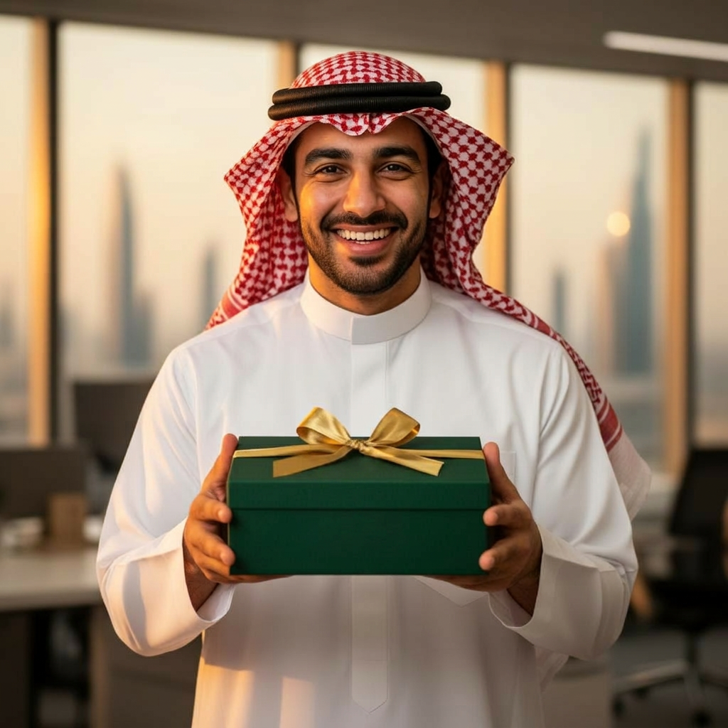 موظف سعودي بالزي الوطني يستلم هدية يومك